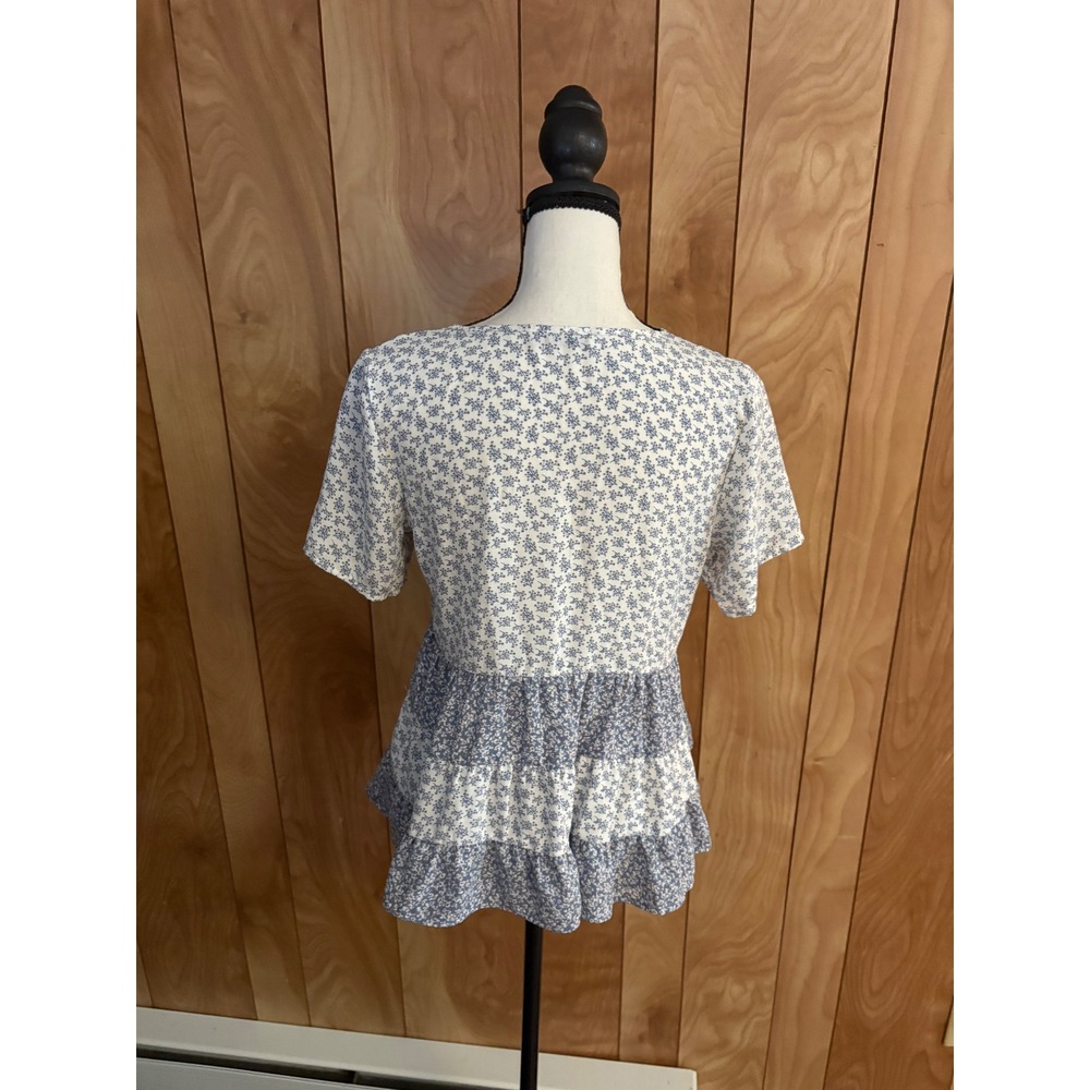 Paper Crane Women Blue White Floral Tiered Babydoll Top Small T41655D - Picture 3 of 7